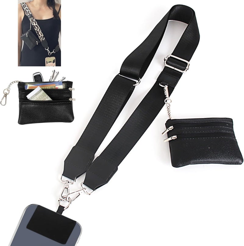 SCINYMC Clip and Go Strap for Phone with Wallet Crossbody, Adjustable Phones Lanyards with Wallet, Phone Straps with Zippered Pouch, Crossbody iPhone Strap for All Phones, Black - Image 1
